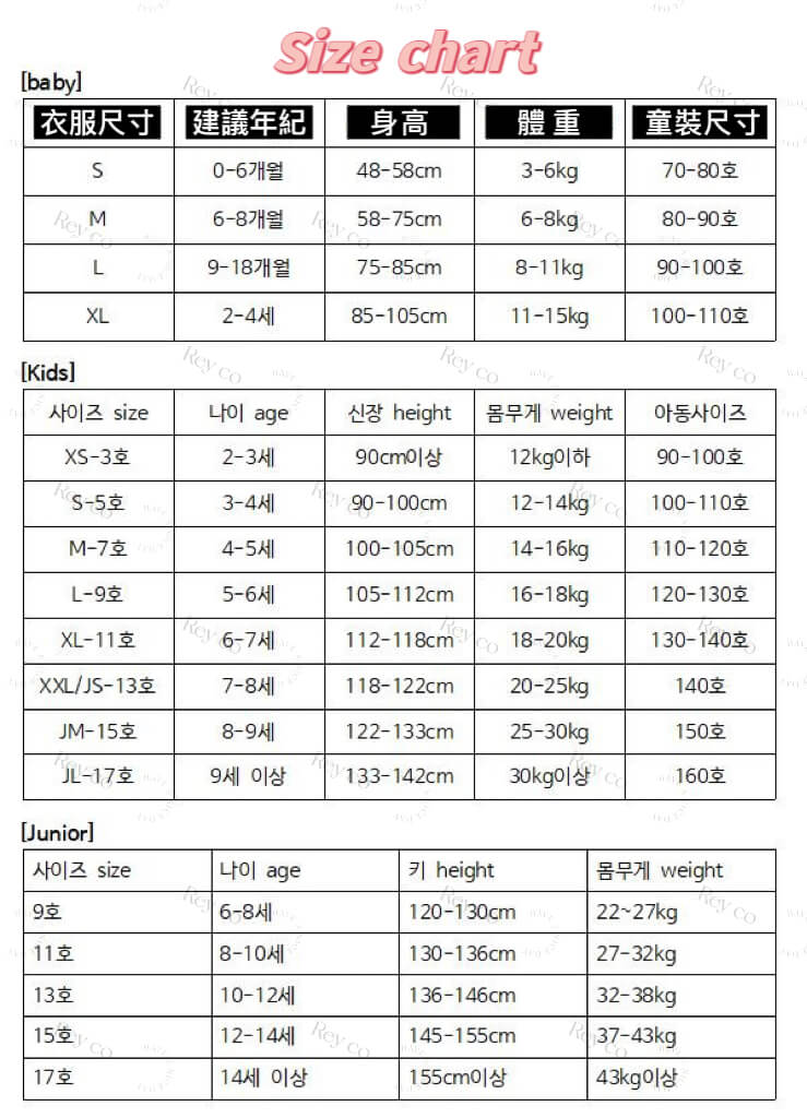 韓國童裝尺寸參考